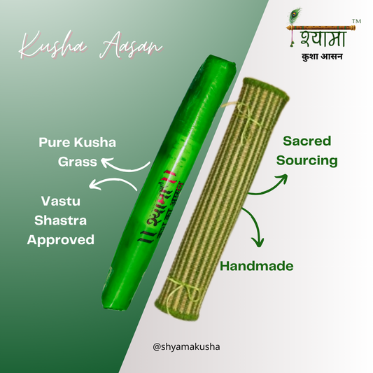 A green Kusha grass and wool Asana rug, with text highlighting the pure Kusha grass, Vastu Shastra approval, sacred grass, and handmade manufacturing.