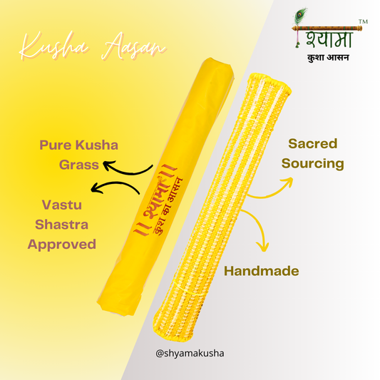 A yellow Kusha grass and wool Aasan (praying mat) with text highlighting its use for Puja, Meditation, and Japa, along with the sources of Pure Kusha Grass and its handmade nature.