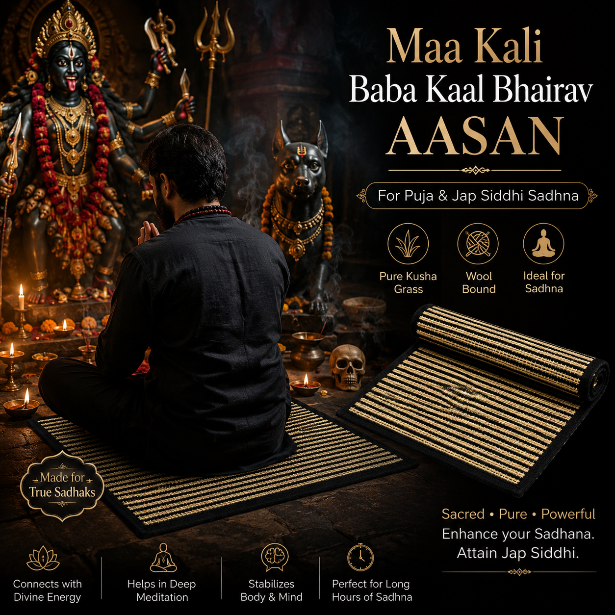 Black Kusha Grass & Wool Aasan for Puja, Meditaion & Japa