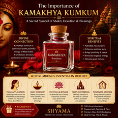 Promotional image of Kamakhya Kumkum with religious and spiritual significance, featuring a bottle of Kumkum and traditional elements.